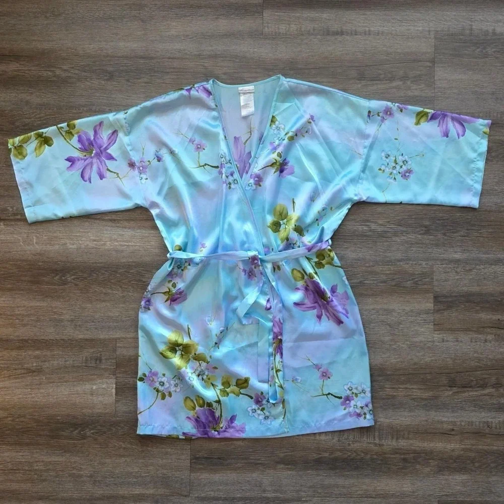 Secret Treasures Vintage Floral Satin Slip Dress and Robe Set Blue Purple Small